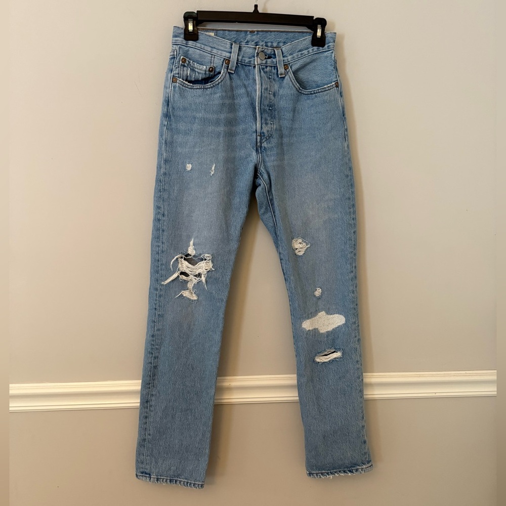 501 Levi’s button fly distress high rise straight leg  denim jeans. 36X30